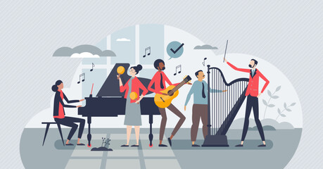 Organizational culture and diverse company as orchestra tiny person concept. Cooperative leader and boss as conductor and employees as playing musicians with effective teamwork vector illustration.