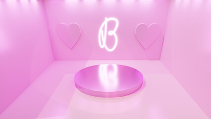 Pink doll room with a pedestal in the center, hearts on the wall and a neon glowing letter B. 3D illustration.
