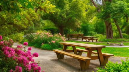 Fototapeta na wymiar Picnic Table in a Flower-Filled Park