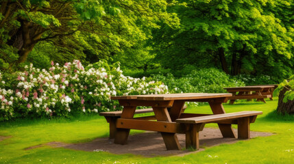 Fototapeta na wymiar Wooden Picnic Table Surrounded by Greenery