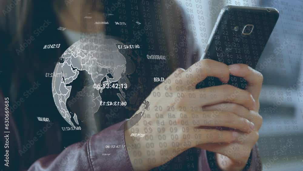 Poster animation of globe with data processing over asian woman using smartphone