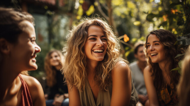 A group of friends laughing and smiling together during a joyous outdoor gathering 