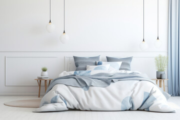 Blue pillow and blanket on white bed in spacious bedroom. Empty grey wall with copy space.