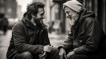 A heartwarming image of a kind stranger making an elderly person smile with a small gesture 