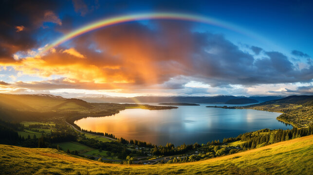 A stunning view of a rainbow stretching across the sky, evoking smiles and wonder 
