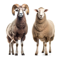 male and female sheep, ram and ewe on isolated background