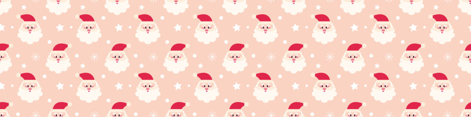 Cute Santa Claus face with snowflakes, vector seamless Christmas pattern