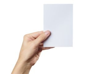 Hand holding a blank card 10x15cm, cut out