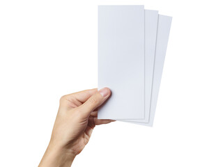 Male hand holding three blank sheets of paper (tickets, flyers, invitations, coupons, banknotes,...