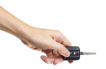 Hand holding car key, cut out