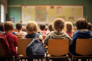 Schoolchildren learning in school, a view from behind. Education.