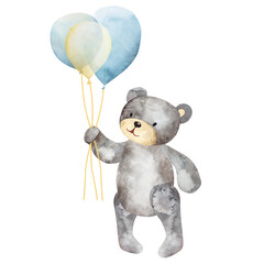 Watercolor illustration, on a white background.Cute cartoon teddy bear with a balloon