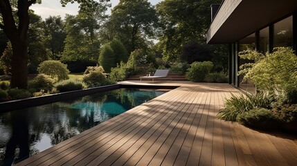 Swimming pool and decking in garden of luxury home 