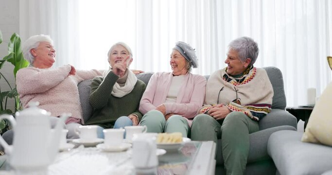 Funny, senior women and friends in home living room, bonding and laughing together. Happy, elderly group and people on sofa in lounge, talk and conversation on couch, smile and relax for retirement