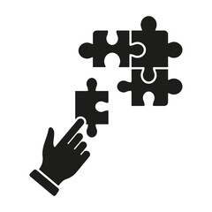 Jigsaw and Human Hand Silhouette Icon. Brainstorming and Problem Solving Process. Puzzle Strategy Solution, Team Game Glyph Pictogram. Connect Parts of Puzzle Solid Sign. Isolated Vector Illustration