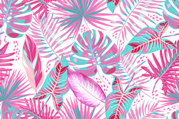 Seamless pattern with tropical leaves on white background. Colorful leaves of palm, monstera, alocasia, philodendron, calathea. Pink and light blue colors.  Summer tropical pattern. Vector.