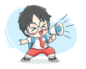 Cute student boy holding megaphone cartoon illustration