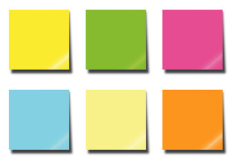 Post-it note sticky paper with shadow in multi colors isolated on transparent background.