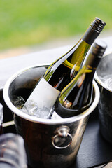 a bottle of cool wine in an ice bucket 