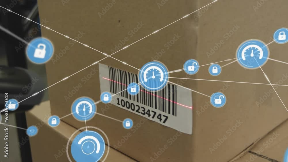 Poster animation of connected speedometer and lock over cardboard boxes with barcodes in warehouse