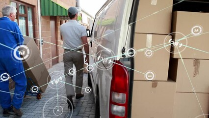 Connected cart and graphs, caucasian delivery man shaking hands with senior man and entering in van - Powered by Adobe