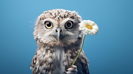 A small owl holding a flower in its claws