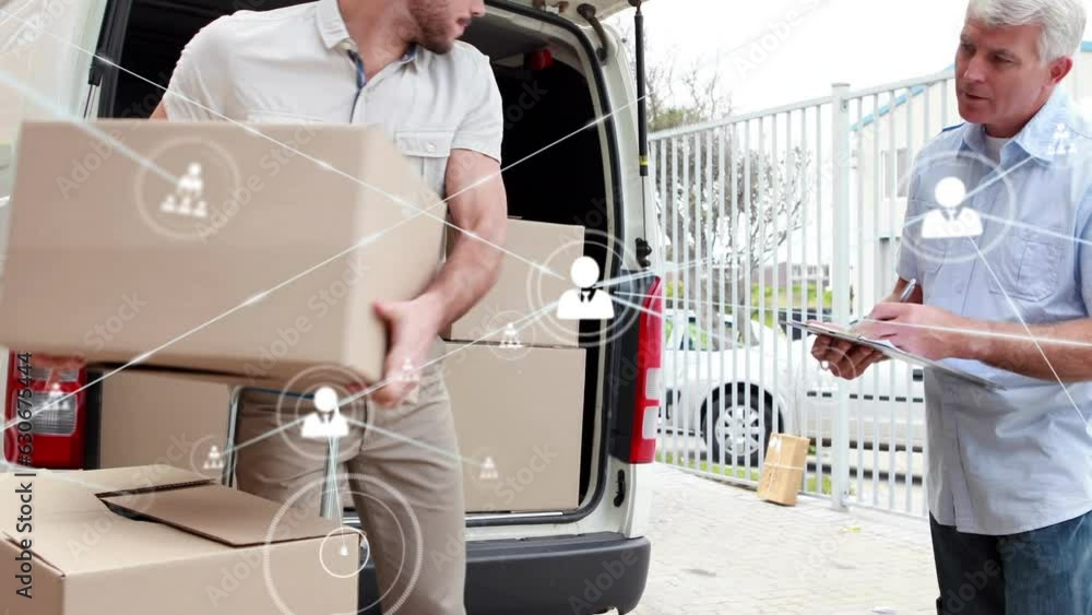 Poster animation of connected profile icons and caucasian coworkers checking and loading boxes in van