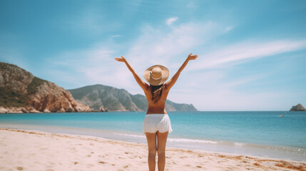 Obraz na płótnie Canvas Joyful Young Woman Enjoying Her Vacation on a Paradise Beach