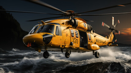 Fototapeta na wymiar Rescue Helicopter Flying Low Over the Stormy Sea