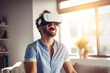 Portrait of excited young man using Virtual Reality headset at home - Positive people exploring artificial computer world - Modern young man experiencing metaverse virtual reality - Generative AI.