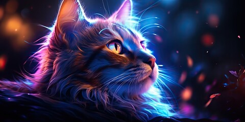 AI Generated. AI Generative. Cat sitting close to neon glowing light. Portrait pet animal face cyberpunk neon style. Graphic Art