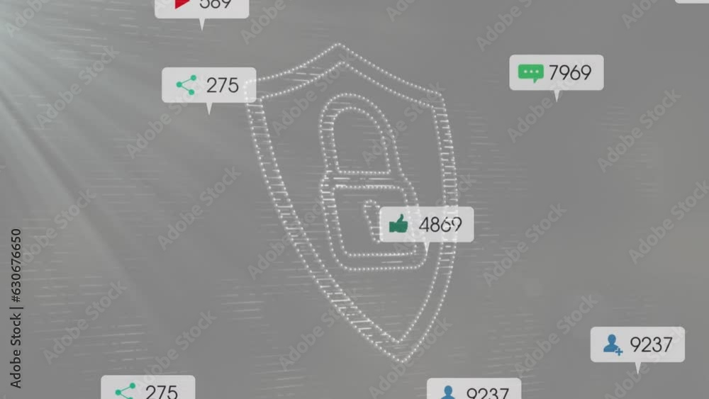 Poster animation of icons, changing numbers in notification bars over padlock in shield on gray background
