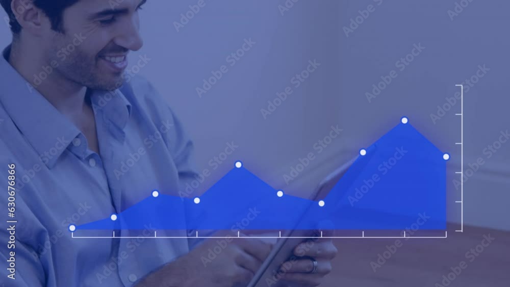Poster animation of dots in graph over caucasian man sitting on chair and using digital tablet