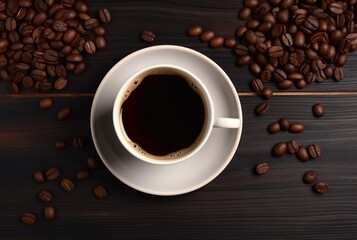 Naklejka premium Top view of cup of coffee with coffee beans on wooden table with copy space. generative ai
