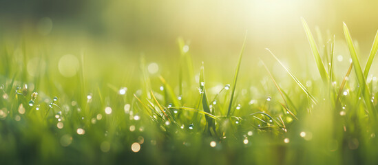 Fototapeta premium Macro Beauty: Water Drop Sparkle on Grass Blade in Sunlight, Morning Dew Artistry