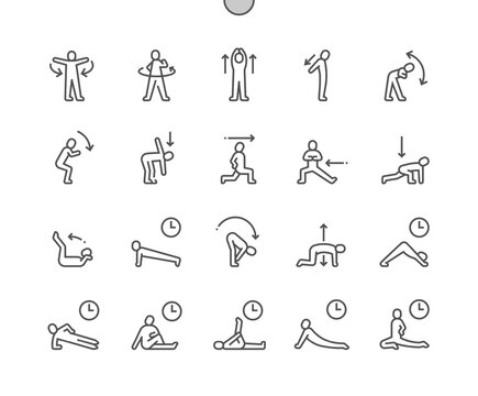 Warmup and stretching exercise. Chest stretch. Low lunge twist. Side plank. Pigeon pose. Pixel Perfect Vector Thin Line Icons. Simple Minimal Pictogram