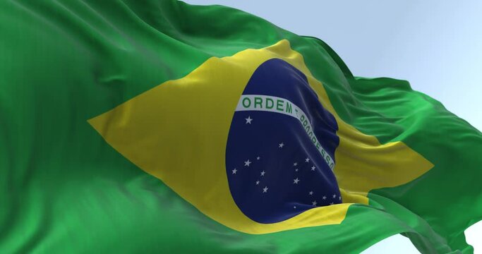 Close-up of Brazil national flag waving in the wind