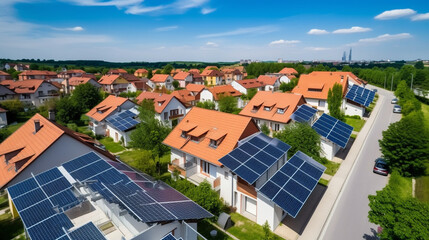 Houses with photovoltaic solar panels on the roofs