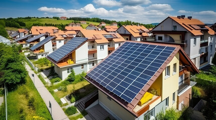 Buildings with photovoltaic solar panels on the roofs - 630678289