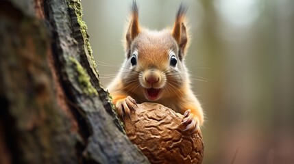 squirrel on the tree with a nut ai generated - obrazy, fototapety, plakaty