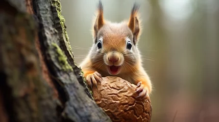 Foto op Canvas squirrel on the tree with a nut ai generated © Alena Shelkovnikova