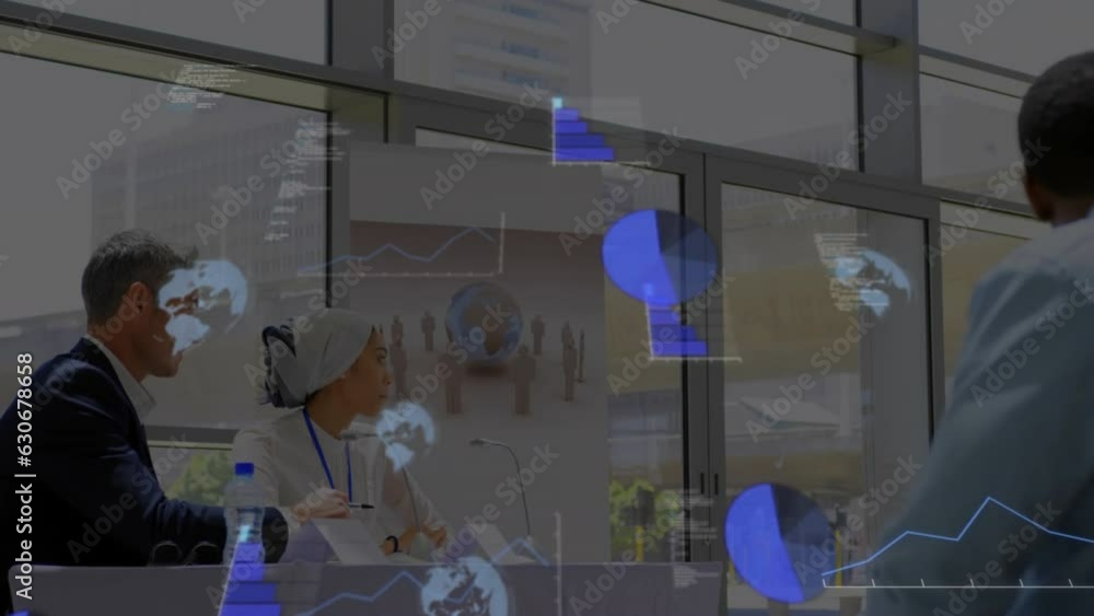Poster animation of graphs, globes and computer language over diverse coworkers discussing in office