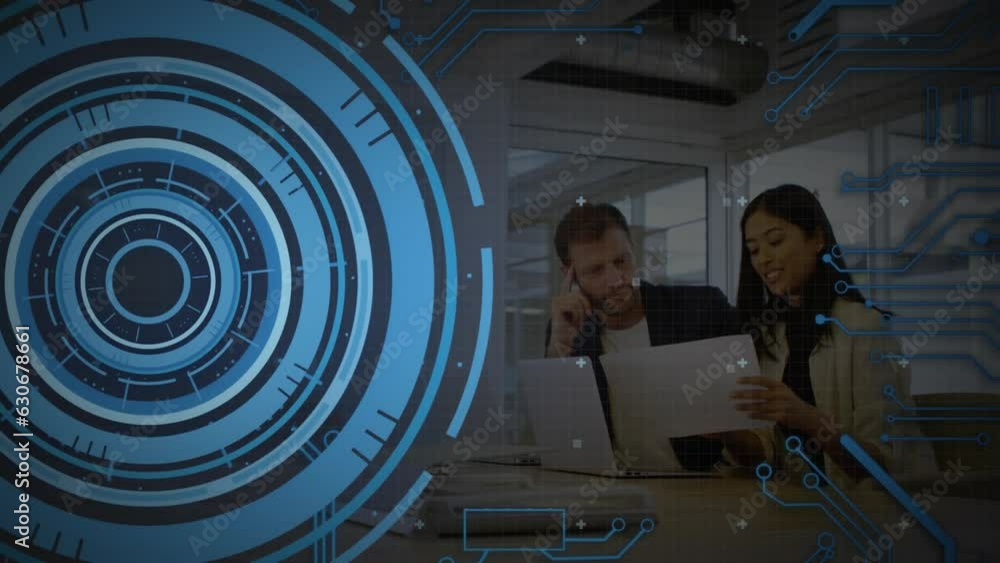 Poster animation of loading circles and computer language over diverse coworkers discussing reports