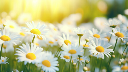 Wild Chamomile Flowers in Nature: Soft Focus and Bokeh, Floral Summer Spring Background