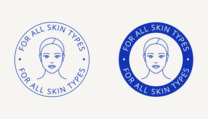 For all skin types label, beauty logo, tag, stamp for women's skincare packaging. Icon for cream, toner, moisturizer, facial mask, lotion
