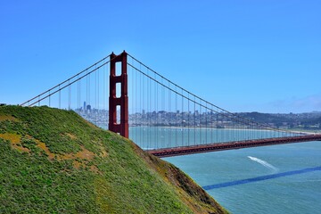 Battery Spencer viewpoint San Francisco, California, USA - April 23, 2023.  Golden gate bridge and San Fransisco bay scenery with Blue sky background.
