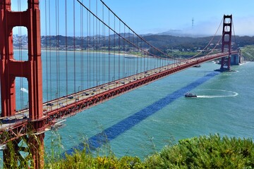Battery Spencer viewpoint San Francisco, California, USA - April 23, 2023.  Golden gate bridge and San Fransisco bay scenery with Blue sky background.