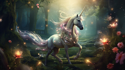 Fototapeta na wymiar Beautiful unicorn in a magical forest 
