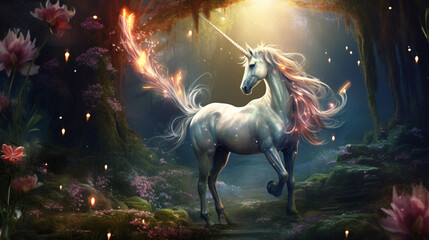 Beautiful unicorn in a magical forest
