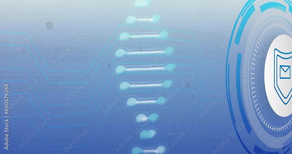 Aufkleber animation of dna helix, envelope in shield and loading circles over lines against blue background